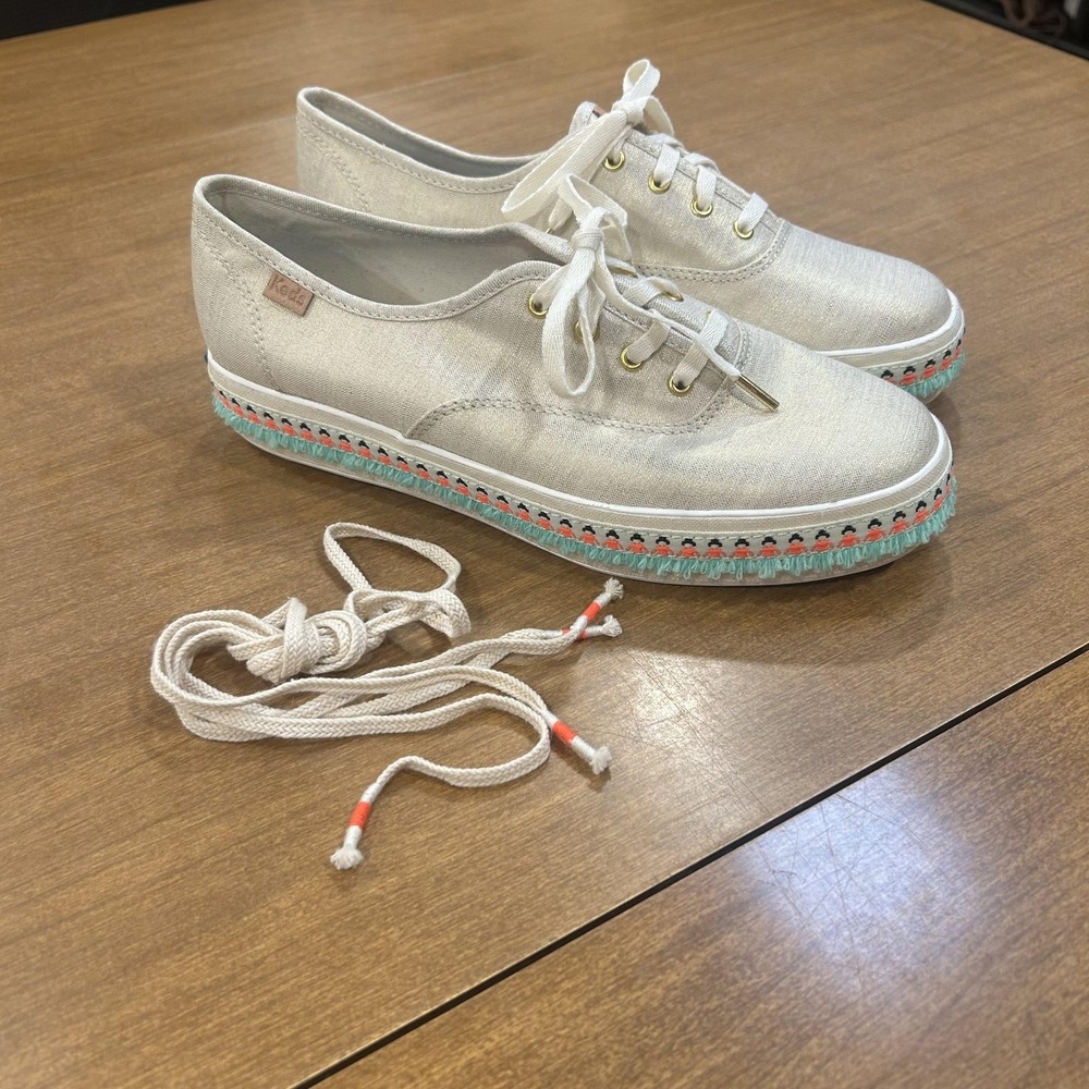 Keds Shoes Womens Size 7.5 White Canvas Embroidered‎ Fringe Sneakers WF58159M